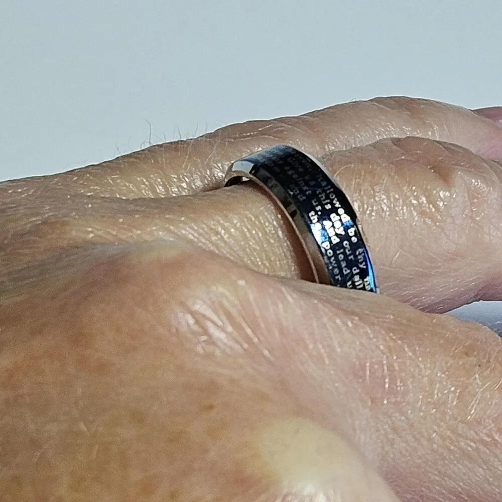 Stainless Steel Two Toned Blue IP & Silver Lord's Prayer Ring Size 7